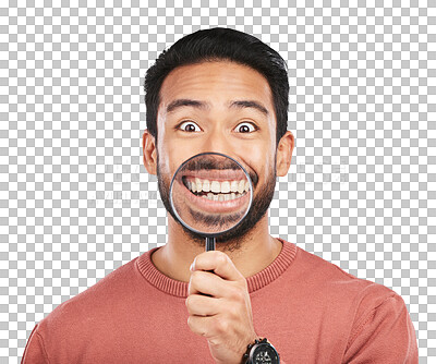 Buy stock photo Magnifying glass, happy portrait and mouth of man for investigation, dental check or inspection. Face, tooth equipment and person smile for teeth whitening isolated on transparent, png background