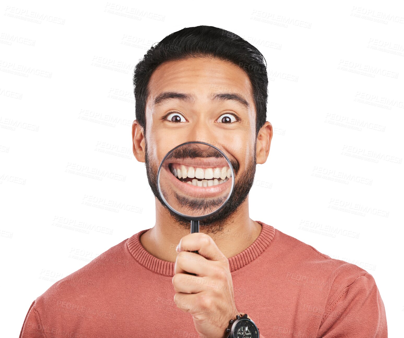 Buy stock photo Magnifying glass, happy portrait and mouth of man for investigation, dental check or inspection. Face, tooth equipment and person smile for teeth whitening isolated on transparent, png background