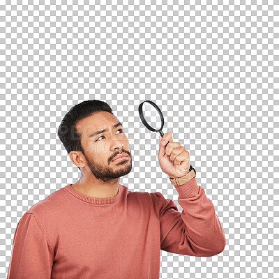 Search, magnifying glass and detective with face of man on png for crime, focus or attention. Evidence, inspection and discover with person isolated on transparent background for investigation spy