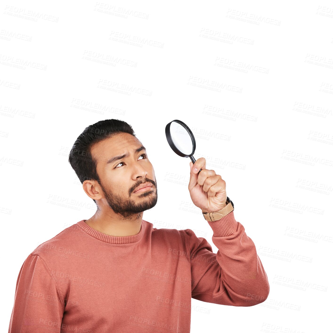 Buy stock photo Search, magnifying glass and detective with face of man on png for crime, focus or attention. Evidence, inspection and discover with person isolated on transparent background for investigation spy