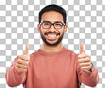 Nerd asian man, portrait and thumbs up for success standing isolated on a transparent PNG background. Male person or geek with like emoji or yes sign for good job, approval or agreement and thank you