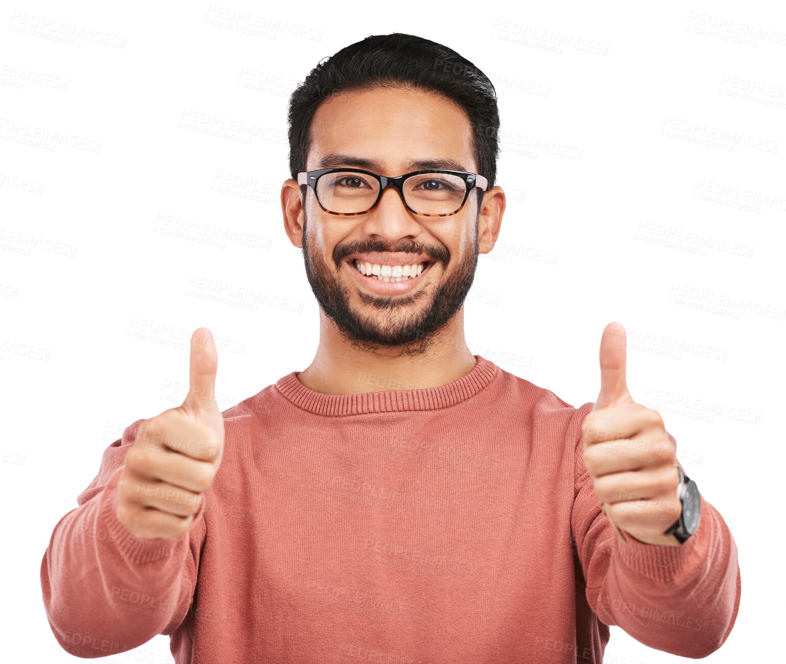 Buy stock photo Nerd asian man, portrait and thumbs up for success standing isolated on a transparent PNG background. Male person or geek with like emoji or yes sign for good job, approval or agreement and thank you