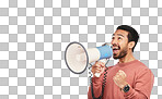 Megaphone, news and excited asian man with wow deal on isolated, transparent or png background. Speaker, noise and happy guy with bullhorn speech for winner, coming soon or save the date announcement