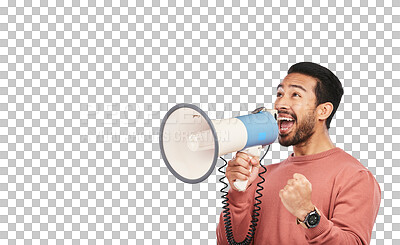 Buy stock photo Megaphone, news and excited asian man with wow deal on isolated, transparent or png background. Speaker, noise and happy guy with bullhorn speech for winner, coming soon or save the date announcement