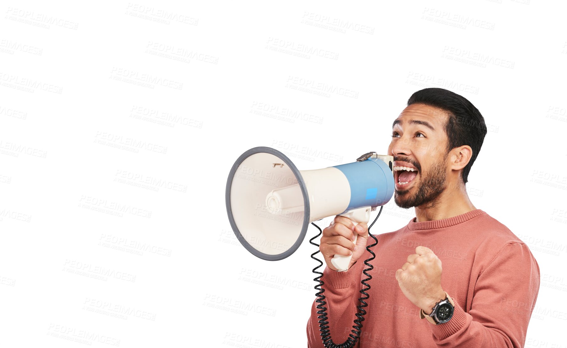 Buy stock photo Megaphone, news and excited asian man with wow deal on isolated, transparent or png background. Speaker, noise and happy guy with bullhorn speech for winner, coming soon or save the date announcement