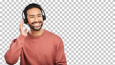 Buy stock photo Happy asian man, call center and headphones in customer service isolated on a transparent PNG background. Male person, consultant or agent smile and headset for online advice, help or telemarketing