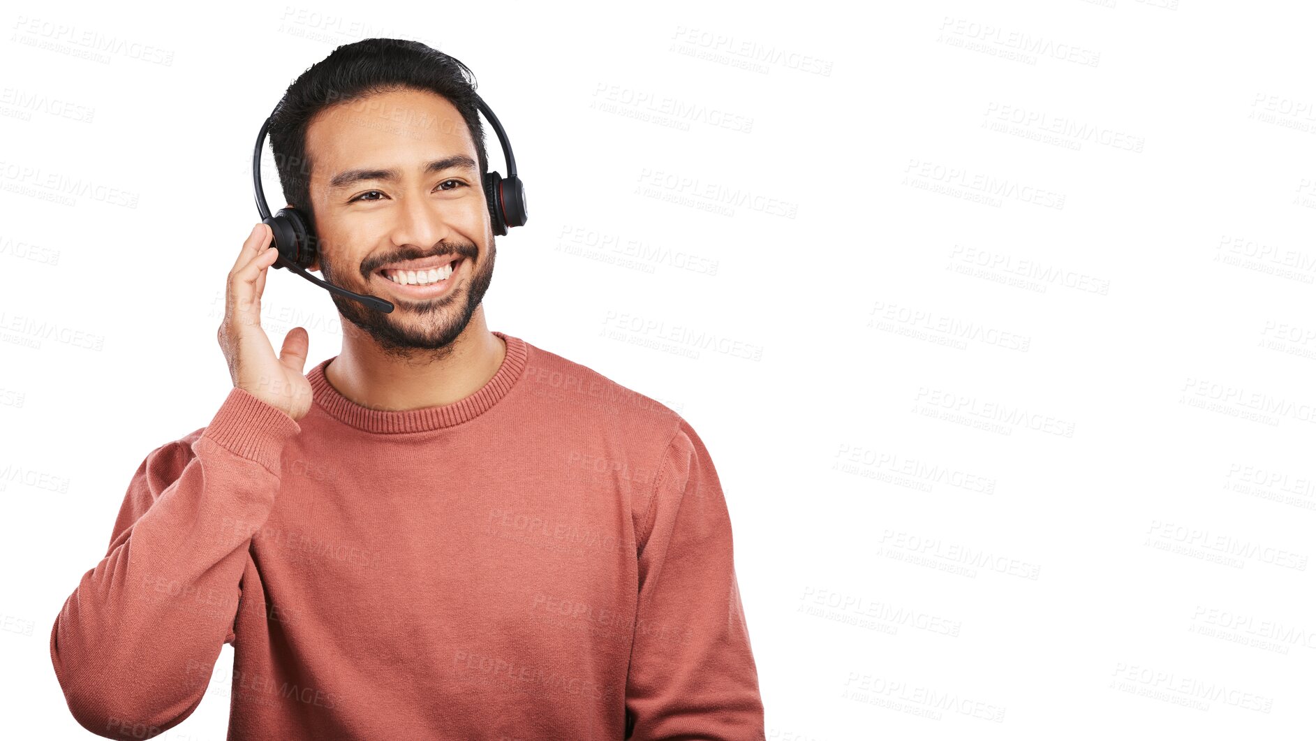 Buy stock photo Happy asian man, call center and headphones in customer service isolated on a transparent PNG background. Male person, consultant or agent smile and headset for online advice, help or telemarketing