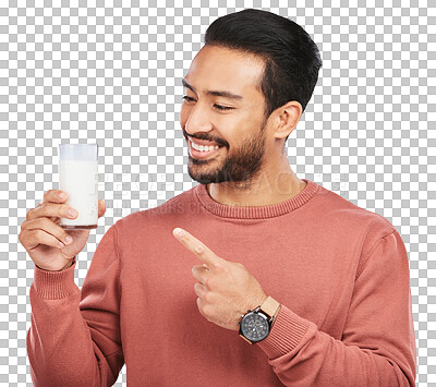 Man pointing at milk, drink and health with nutrition, calcium a