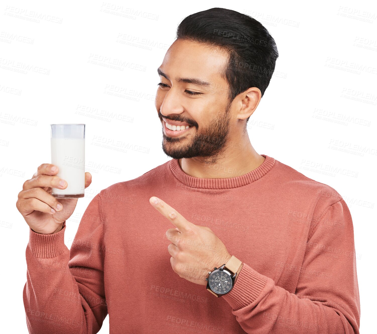 Buy stock photo Happy, pointing and man with a glass of milk for health, wellness and nutrition with calcium vitamins. Smile, organic and young male model showing a dairy drink isolated by transparent png background