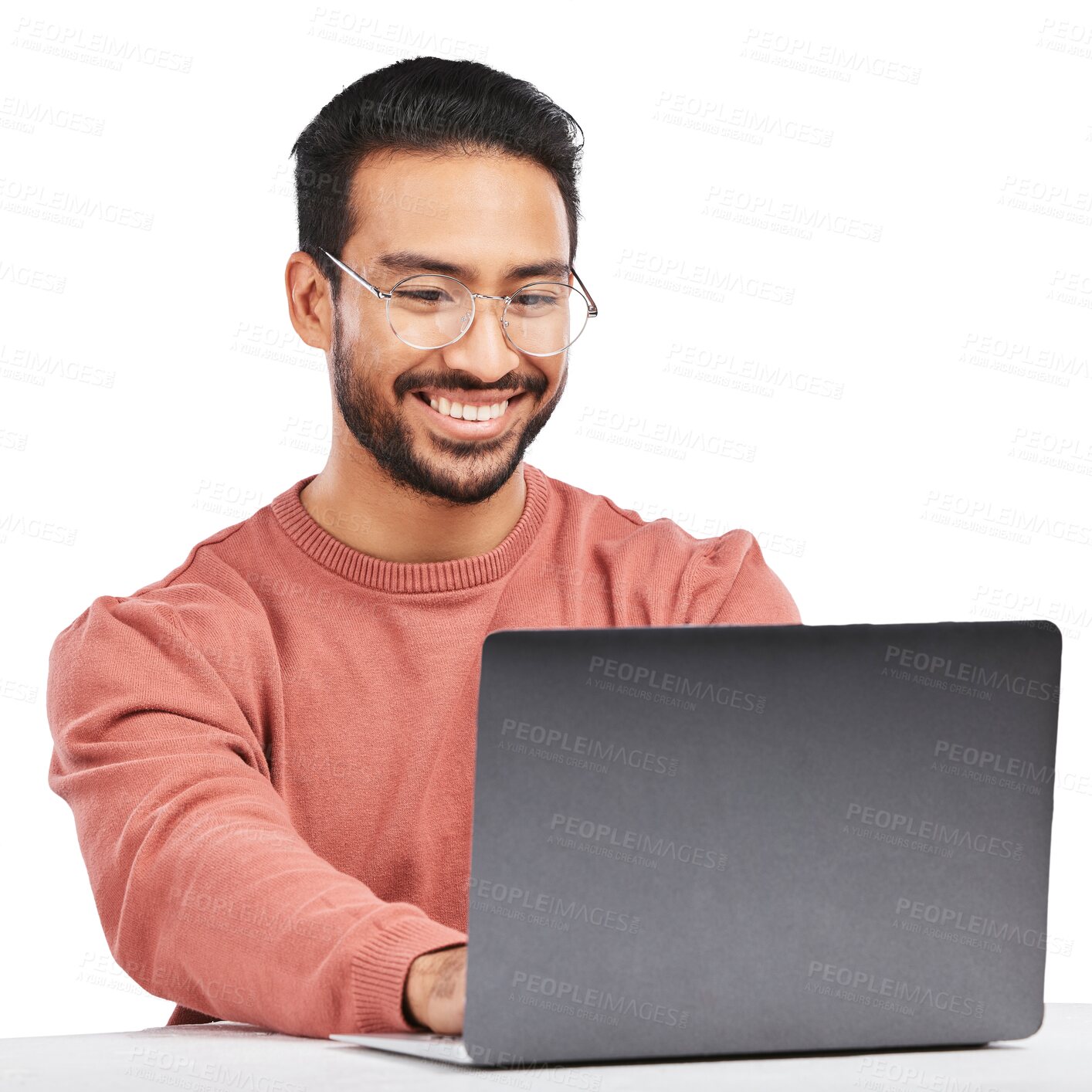 Buy stock photo Asian man, laptop and smile with business work and typing email isolated on a transparent, png background. Computer, working and pc research with web project and digital data analysis with internet 