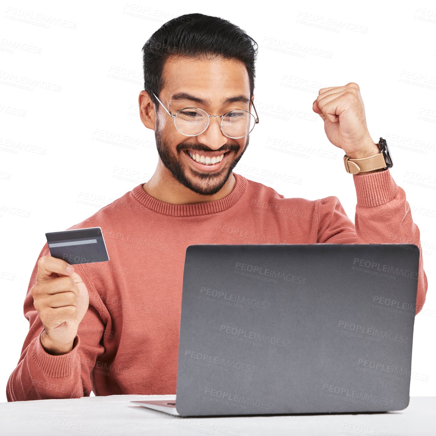 Buy stock photo Happy asian man, laptop and credit card for online shopping isolated on a transparent PNG background. Excited male person or shopper in success for banking app, purchase or ecommerce on computer