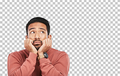 Thinking, depression and sad asian man with stress or broken heart on isolated, transparent and png background. Doubt, fear and face of male person lonely, bored and unhappy, anxiety and pensive