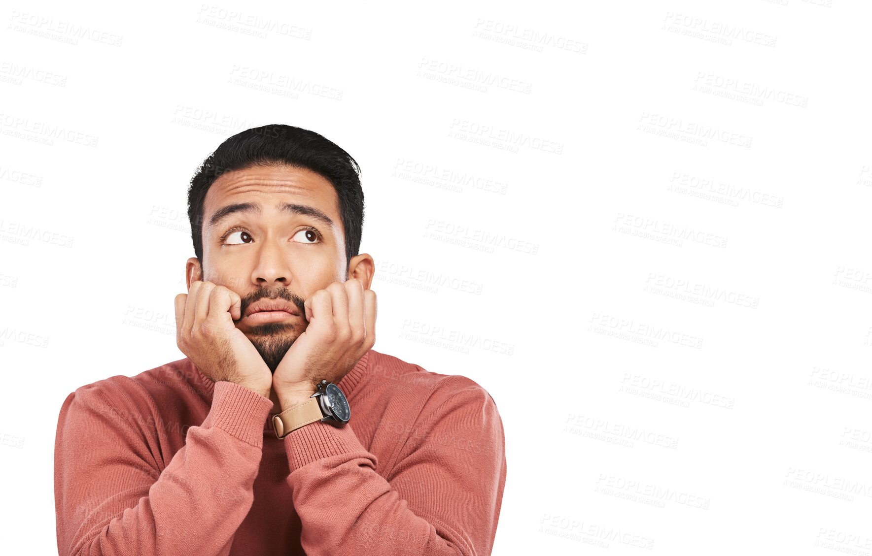 Buy stock photo Thinking, depression and sad asian man with stress or broken heart on isolated, transparent and png background. Doubt, fear and face of male person lonely, bored and unhappy, anxiety and pensive