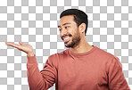 Hand holding, smile and asian man with review or announcement on isolated, transparent or png background. Face, happy and excited guy person with palm sign for news, sale or product placement deal