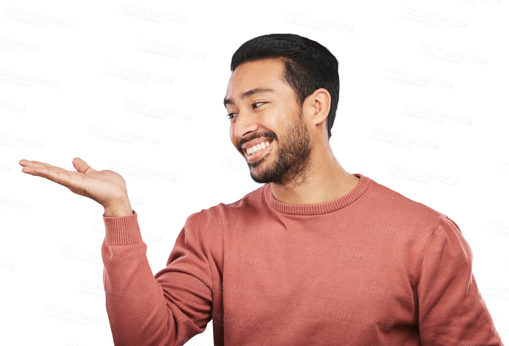 Buy stock photo Hand holding, smile and asian man with review or announcement on isolated, transparent or png background. Face, happy and excited guy person with palm sign for news, sale or product placement deal