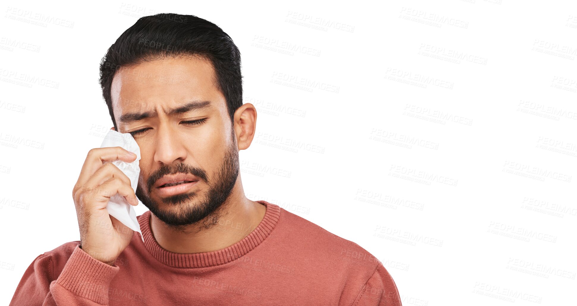 Buy stock photo Mental health, tissue and face of sad man crying over emotional problem, heartbreak or mourning loss. Handkerchief napkin, depression pain or person wipe tears isolated on transparent, png background