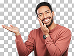 Portrait, smile and asian man with hand pointing to announcement on isolated, transparent or png background. Face, happy and excited guy person with palm sign for news, sale or product placement deal