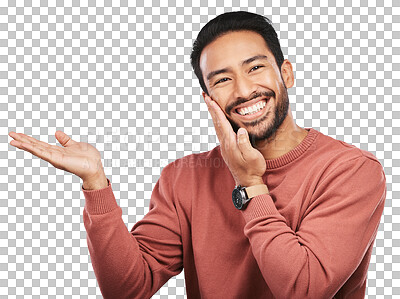 Portrait, smile and asian man with hand pointing to announcement on isolated, transparent or png background. Face, happy and excited guy person with palm sign for news, sale or product placement deal