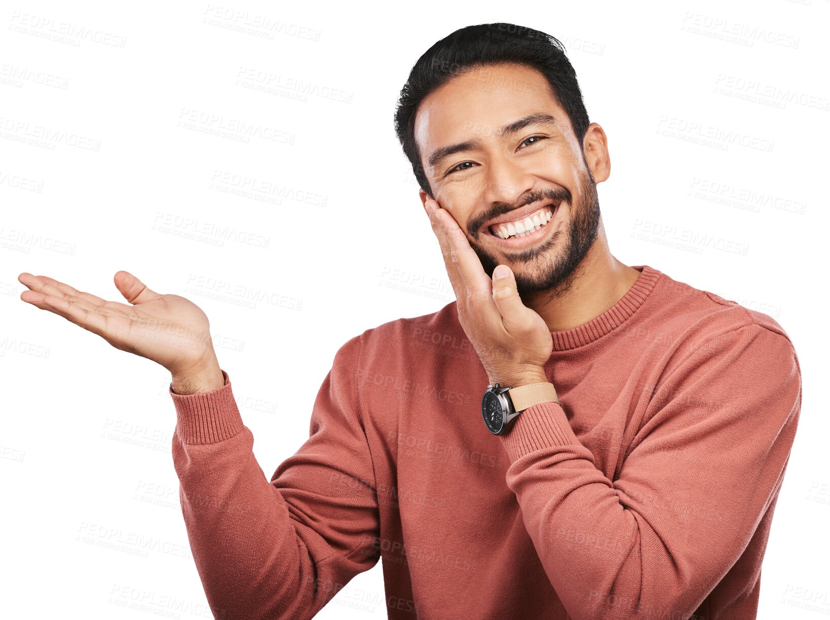 Buy stock photo Portrait, smile and asian man with hand pointing to announcement on isolated, transparent or png background. Face, happy and excited guy person with palm sign for news, sale or product placement deal