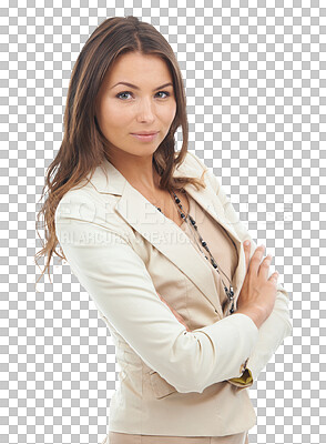 Buy stock photo Business woman, arms crossed with confidence, professional mindset and portrait on transparent png background. Corporate female person, career and entrepreneur with work ambition and empowerment