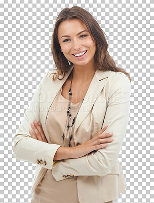 Buy stock photo Business, portrait of woman CEO and arms crossed for happy entrepreneur isolated on transparent png background. Confident smile on face, corporate career and executive businesswoman in management job