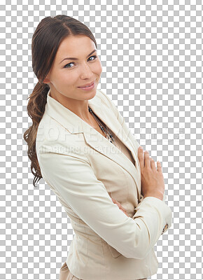 Buy stock photo Corporate, crossed arms and portrait of business woman on png, isolated and transparent background. Professional fashion, confidence and female person with positive mindset, success and career goals