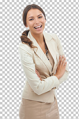 Buy stock photo Business, portrait of happy woman and arms crossed for receptionist isolated on transparent png background. Confident smile, corporate career secretary and executive businesswoman in management job.