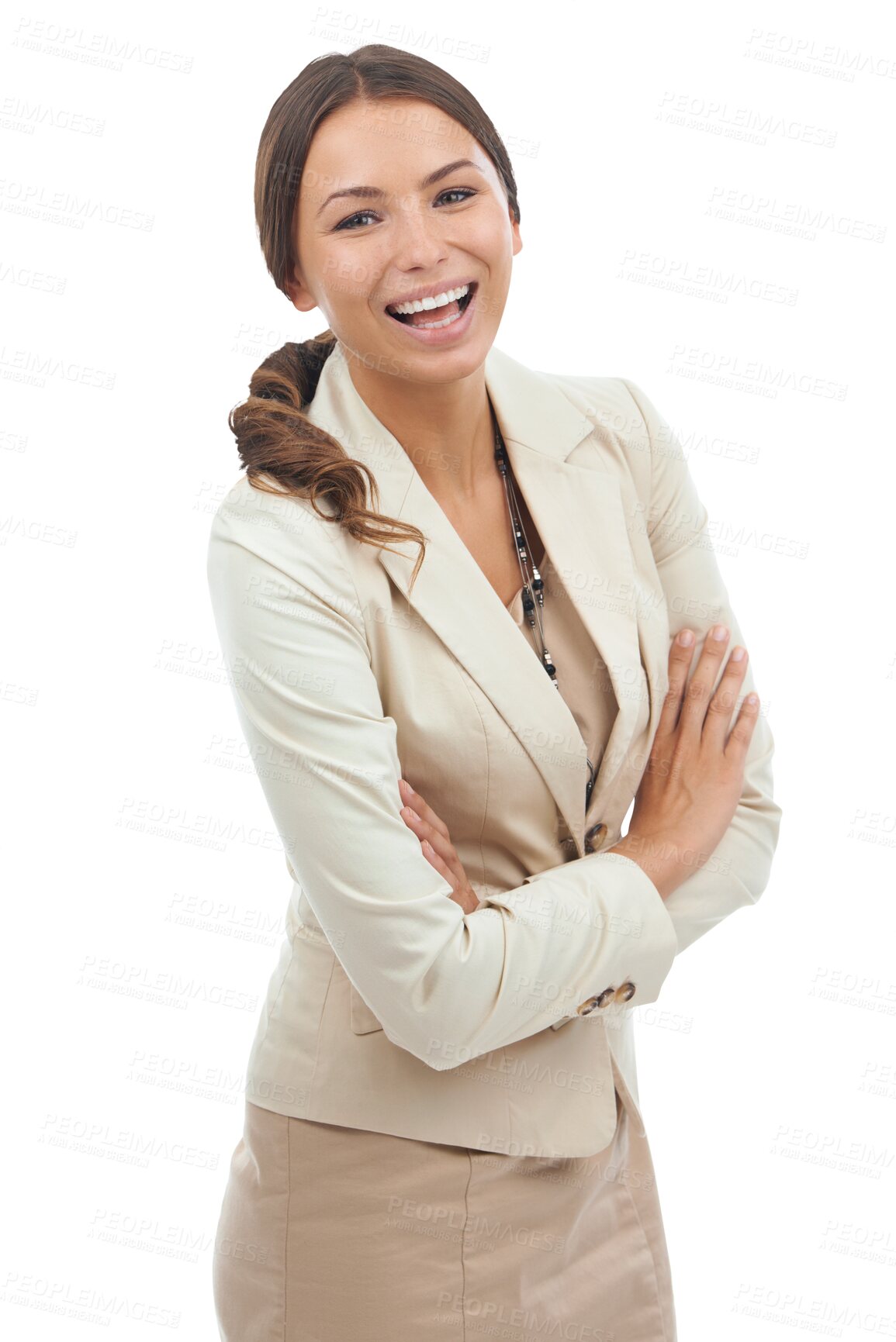 Buy stock photo Business, portrait of happy woman and arms crossed for receptionist isolated on transparent png background. Confident smile, corporate career secretary and executive businesswoman in management job.