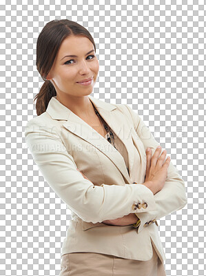 Buy stock photo Business, portrait of happy woman with arms crossed in pride isolated on transparent png background. Confident employee with smile on face, corporate career with proud businesswoman in administration