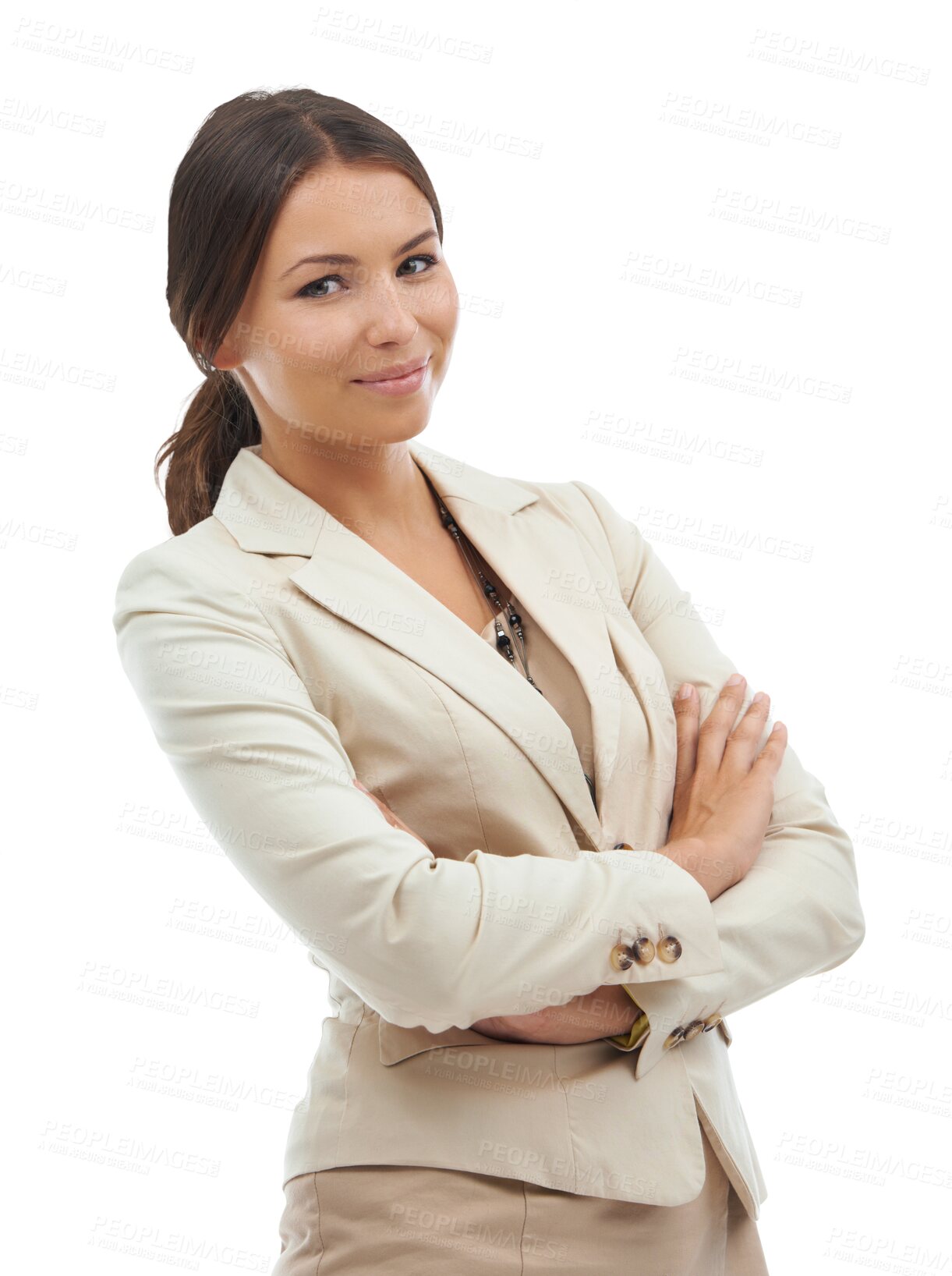 Buy stock photo Business, portrait of happy woman with arms crossed in pride isolated on transparent png background. Confident employee with smile on face, corporate career with proud businesswoman in administration