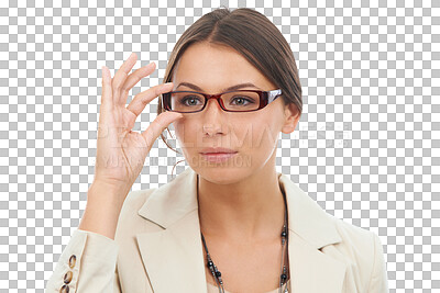 Buy stock photo Vision, glasses and business woman with eyesight, optometry and isolated in a transparent or png background. Smart, intelligent and female person or employee thinking with spectacles or eyewear