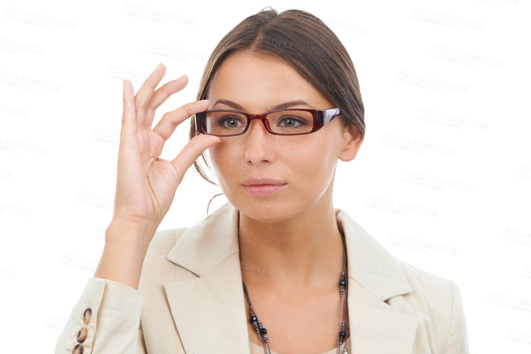 Buy stock photo Vision, glasses and business woman with eyesight, optometry and isolated in a transparent or png background. Smart, intelligent and female person or employee thinking with spectacles or eyewear