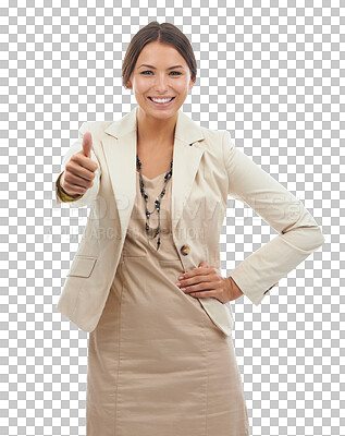 Buy stock photo Thumbs up, thank you and portrait of business woman with happy sign isolated in a transparent or png background. Success, agreement and female person or employee with yes hand gesture and smile