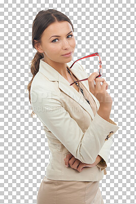 Buy stock photo Business woman, serious and portrait with professional mindset and lawyer with ambition isolated on transparent png background. Confidence, empowerment and female employee, corporate and law career