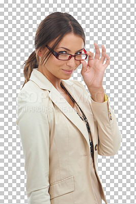 Buy stock photo Flirting, glasses and portrait of business woman thinking with an idea isolated in a transparent or png background. Contemplation, confident and smart corporate employee with decision and choice