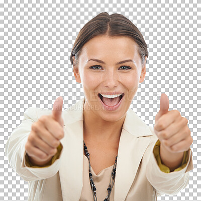 Buy stock photo Thumbs up, success and portrait of entrepreneur woman with happy sign isolated in a transparent or png background. Thank you, agreement and female person or employee with yes hand gesture and smile