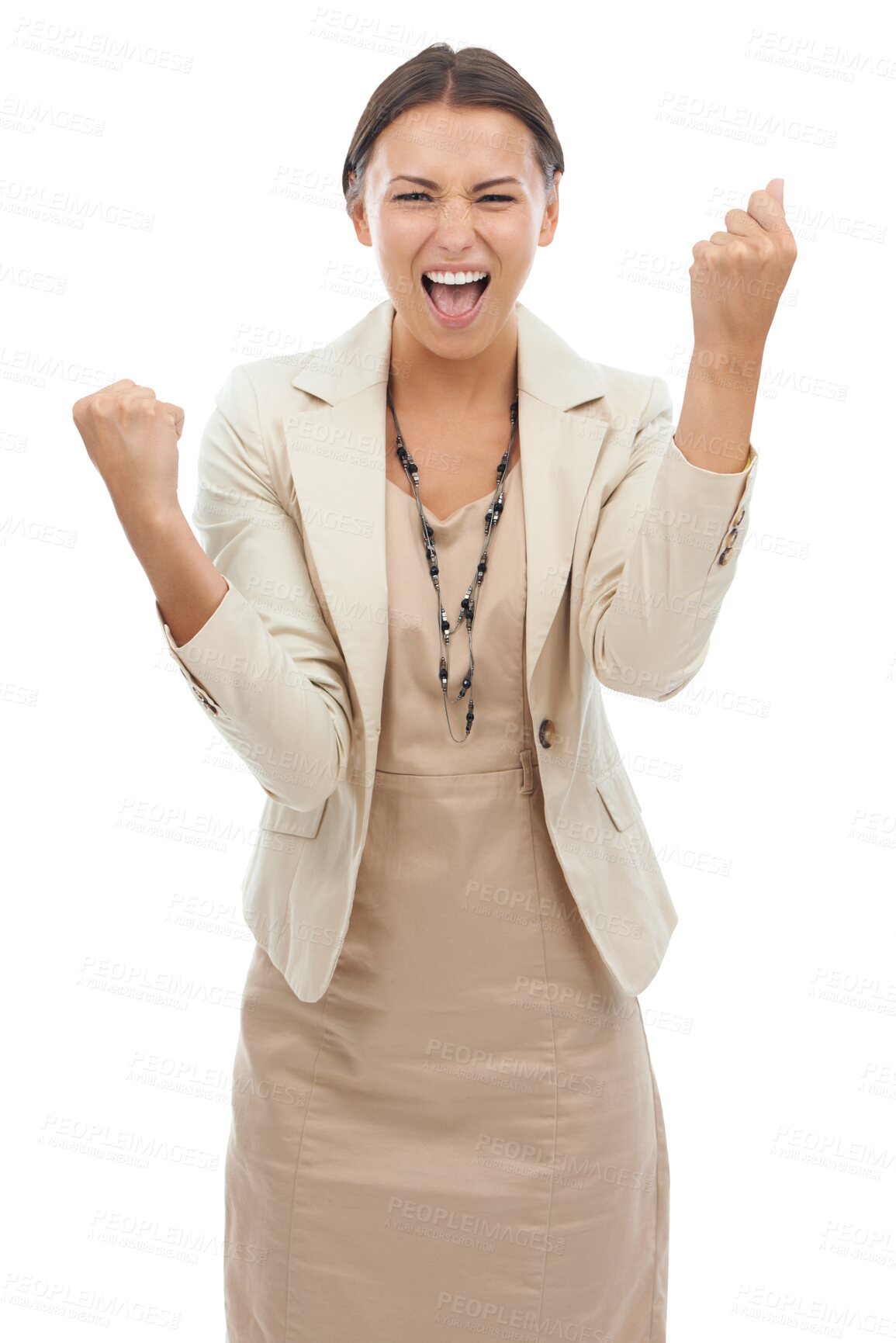 Buy stock photo Victory, excited and fist with business woman in portrait for png or transparent and isolated background. Promotion, girl and professional person with good news with happiness for success or winner.