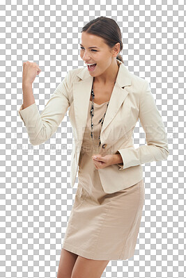 Buy stock photo Success, excited and fist with professional woman or good news in png or isolated, transparent background for celebration. Winner, business and girl with victory or achievement is happy for promotion