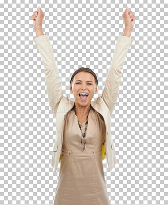 Buy stock photo Business, woman and success with win is excited in png or isolated and transparent background for job. Happiness, celebrate and professional girl with fist for lottery or achievement or reward.