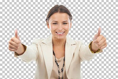 Buy stock photo Business woman, thumbs up and emoji with agreement and yes, smile in portrait isolated on png transparent background. Corporate success, support and like, feedback and female person with hand gesture