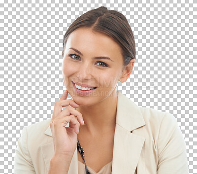 Buy stock photo Professional, thinking and portrait of business woman on png for manager, corporate and pride. Vision, empowerment and career with female employee isolated on transparent background for confidence