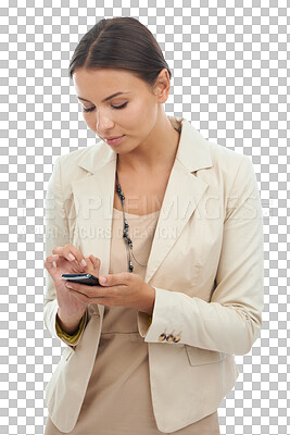 Buy stock photo Business woman, phone and chatting for communication standing isolated on a transparent PNG background. Female person or employee typing or texting on mobile smartphone for networking or social media