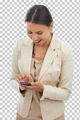 Buy stock photo Happy business woman, phone and good news for winning, prize or communication isolated on a transparent PNG background. Excited female person on mobile smartphone for social media, bonus or promotion