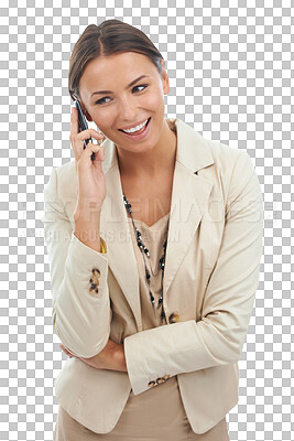 Buy stock photo Happy business woman, phone and conversation standing isolated on a transparent PNG background. Female person or employee talking on mobile smartphone for fun discussion, networking or communication