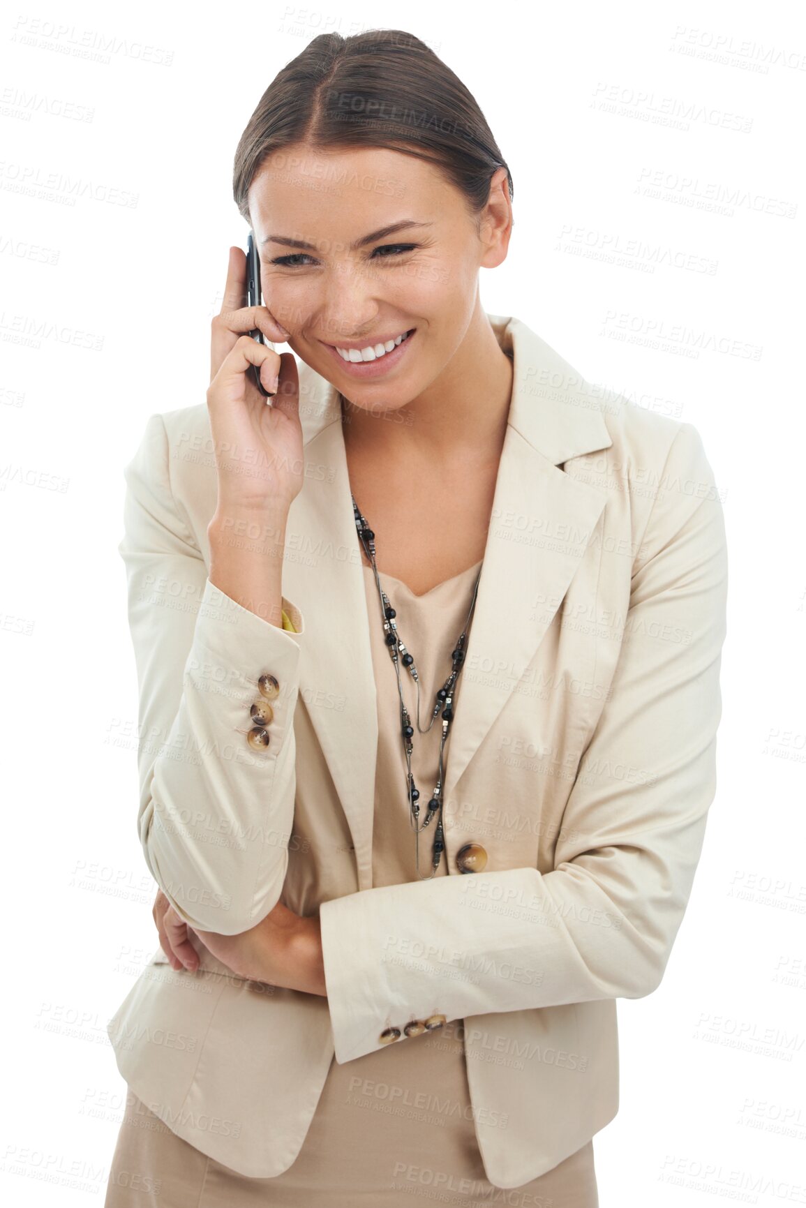 Buy stock photo Business, woman and smile for phone call, mobile communication and isolated on transparent png background. Happy female worker, smartphone contact and consulting with technology, conversation or chat