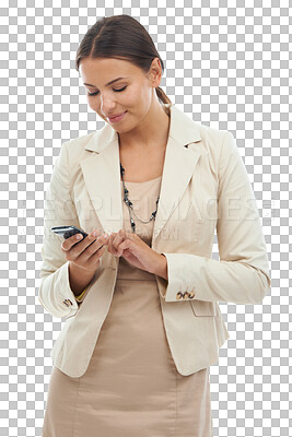 Buy stock photo Business woman, typing and smartphone for social network, mobile contact or isolated on transparent png background. Happy female worker, cellphone and reading notification on technology, app or media