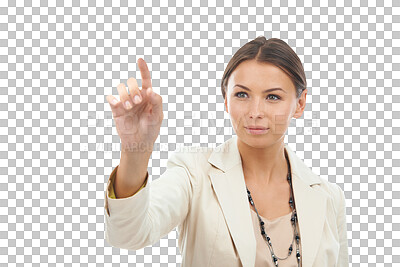 Buy stock photo Finger, digital interface and business woman on png, isolated and transparent background for ui. Corporate, professional and female person touch for user experience, cybersecurity and touchscreen