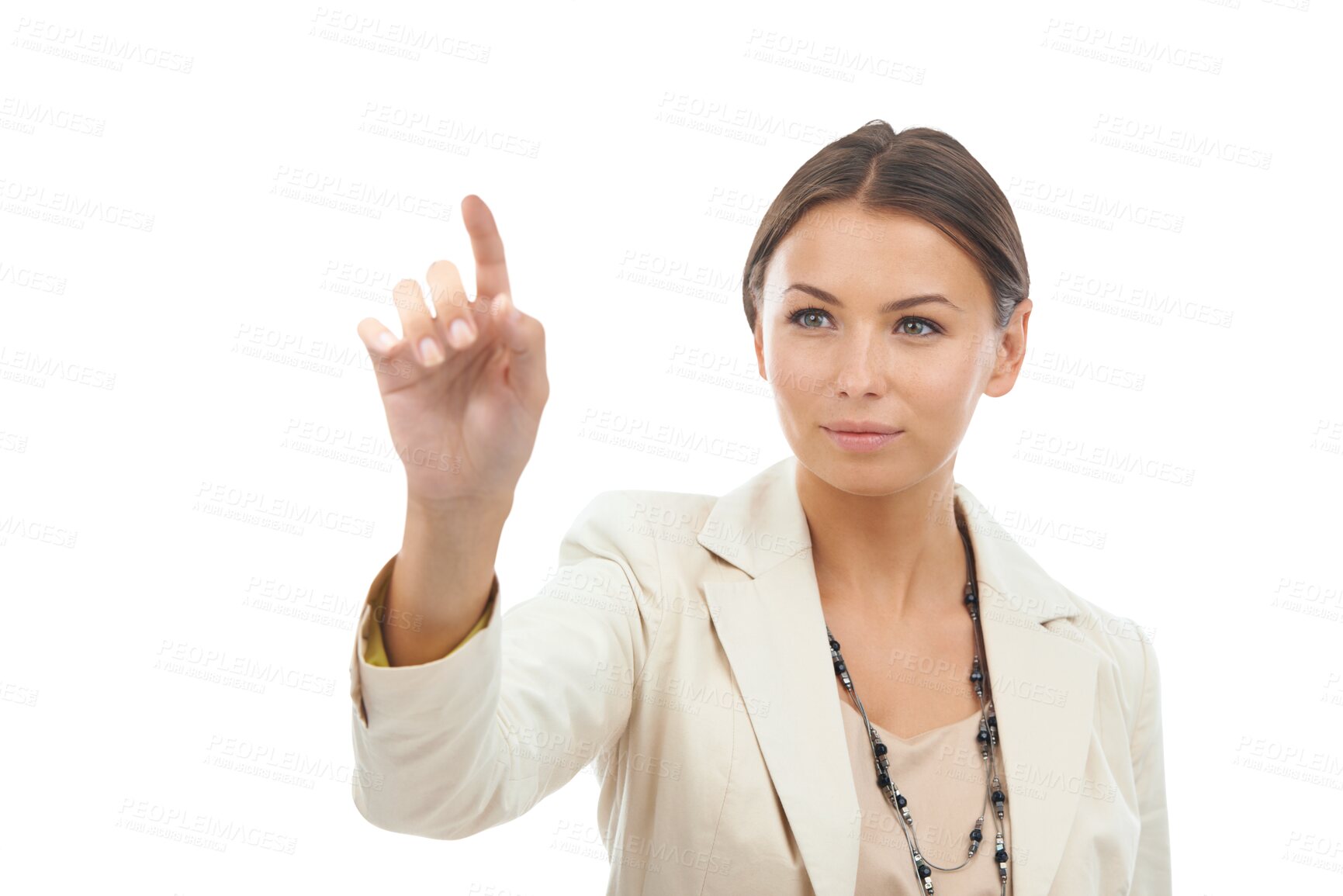 Buy stock photo Finger, digital interface and business woman on png, isolated and transparent background for ui. Corporate, professional and female person touch for user experience, cybersecurity and touchscreen