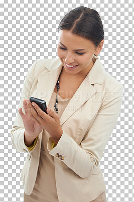 Buy stock photo Business woman, typing and cellphone for contact, social network or isolated on transparent png background. Happy female worker, smartphone and reading mobile notification on technology, app or media