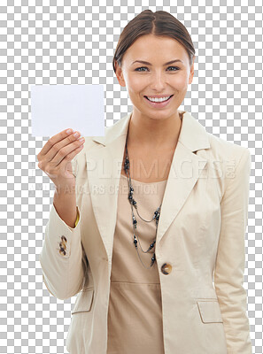 Buy stock photo Business woman, card and poster mockup with information and advertising presentation isolated on transparent png background. Corporate news, portrait with billboard and marketing brand with logo